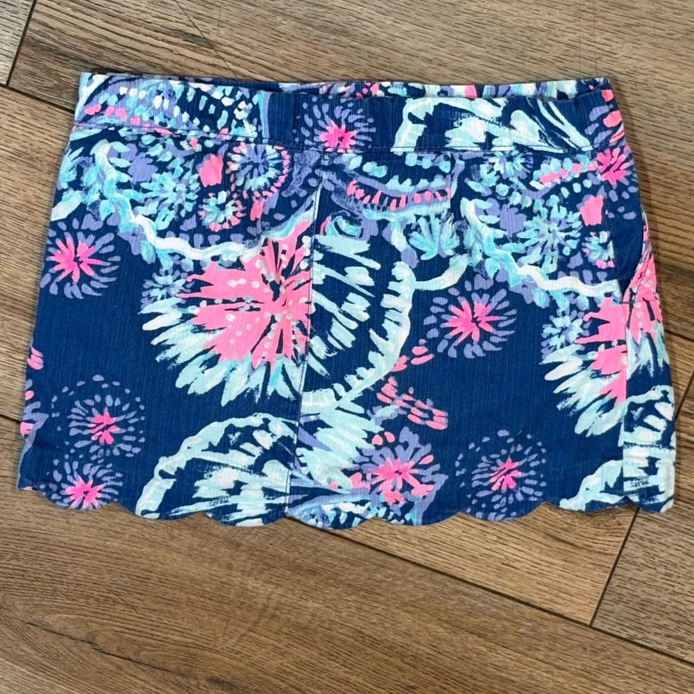 Lilly Pulitzer Skort Girls 7 Blue Pink Floral Scallop Hem Excellent Corduroy